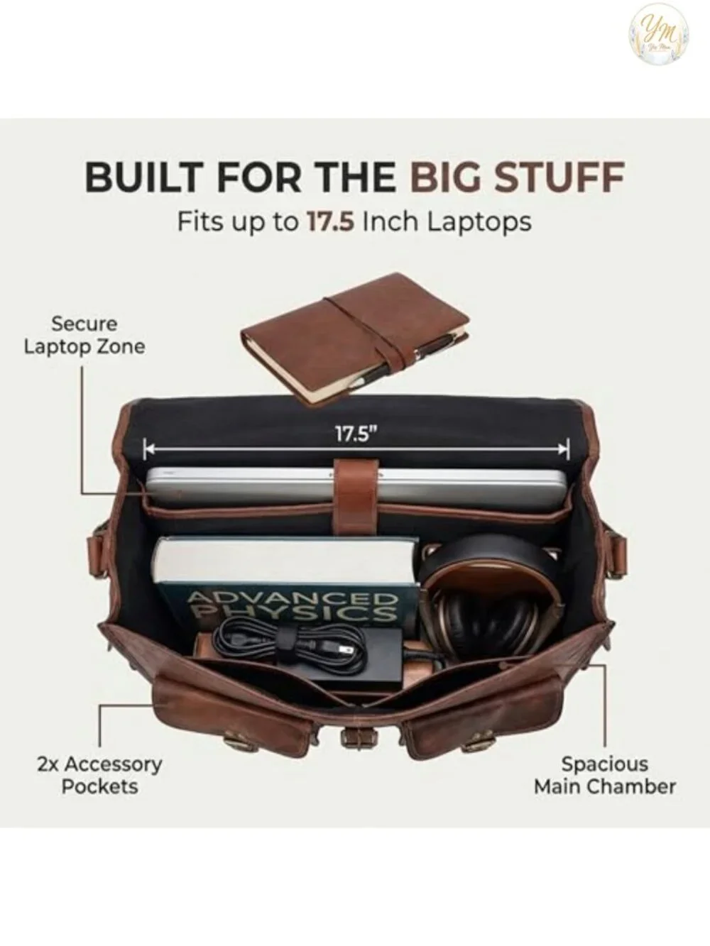 Handmade Full Grain Leather Laptop Messenger Bag for Men, 18 Inch Crossbody